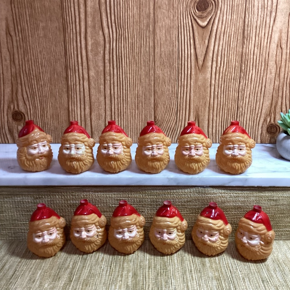 Vintage Plastic Blow Mold Santa Claus Heads - Red and Tan Set of 12